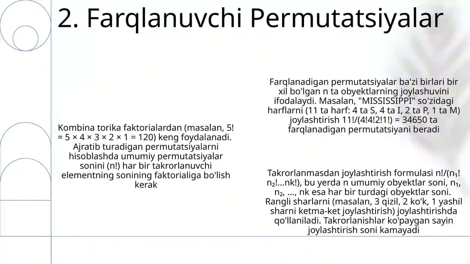 Kombinatorikaning asosiy elementlari.Takrorlanmaydigan oʻrin almashtirish 4