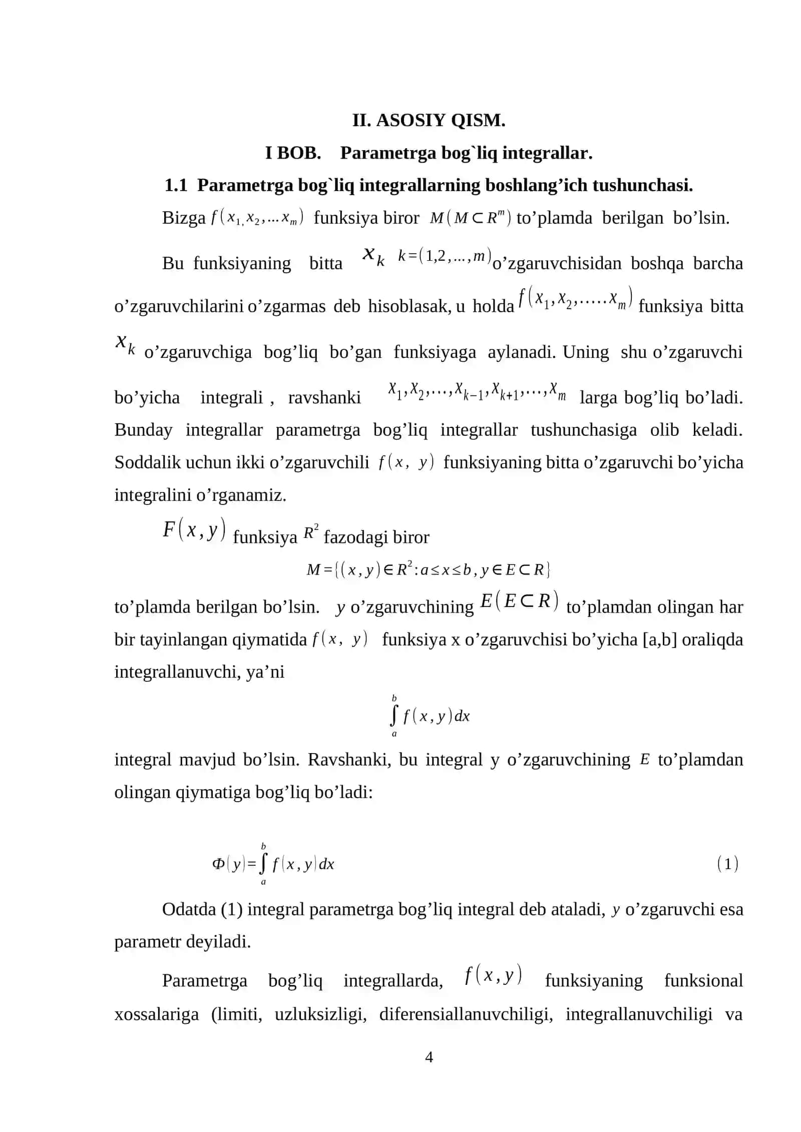 Parametrga bog`liq xosmas integrallar. Eyler integrallari 4