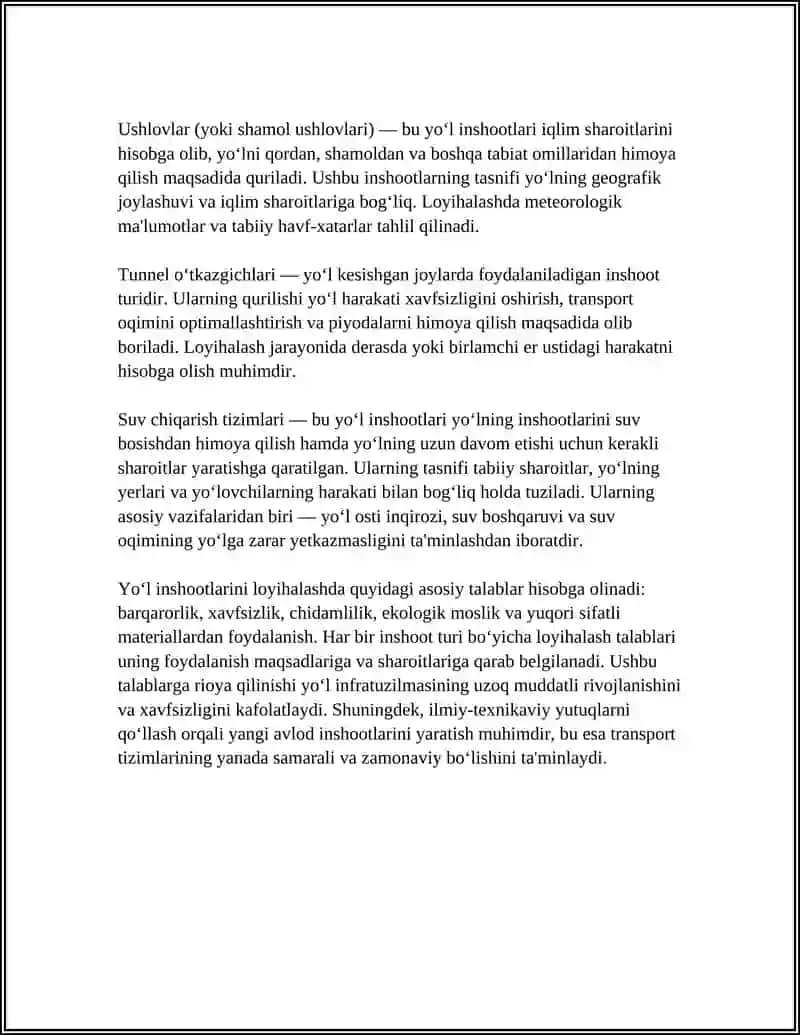 Yo‘l Inshootlari: tasnifi va loyihalash talablar 4