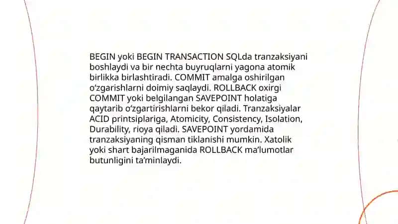 SQLda jarayonlar va standart funksiyalar 4