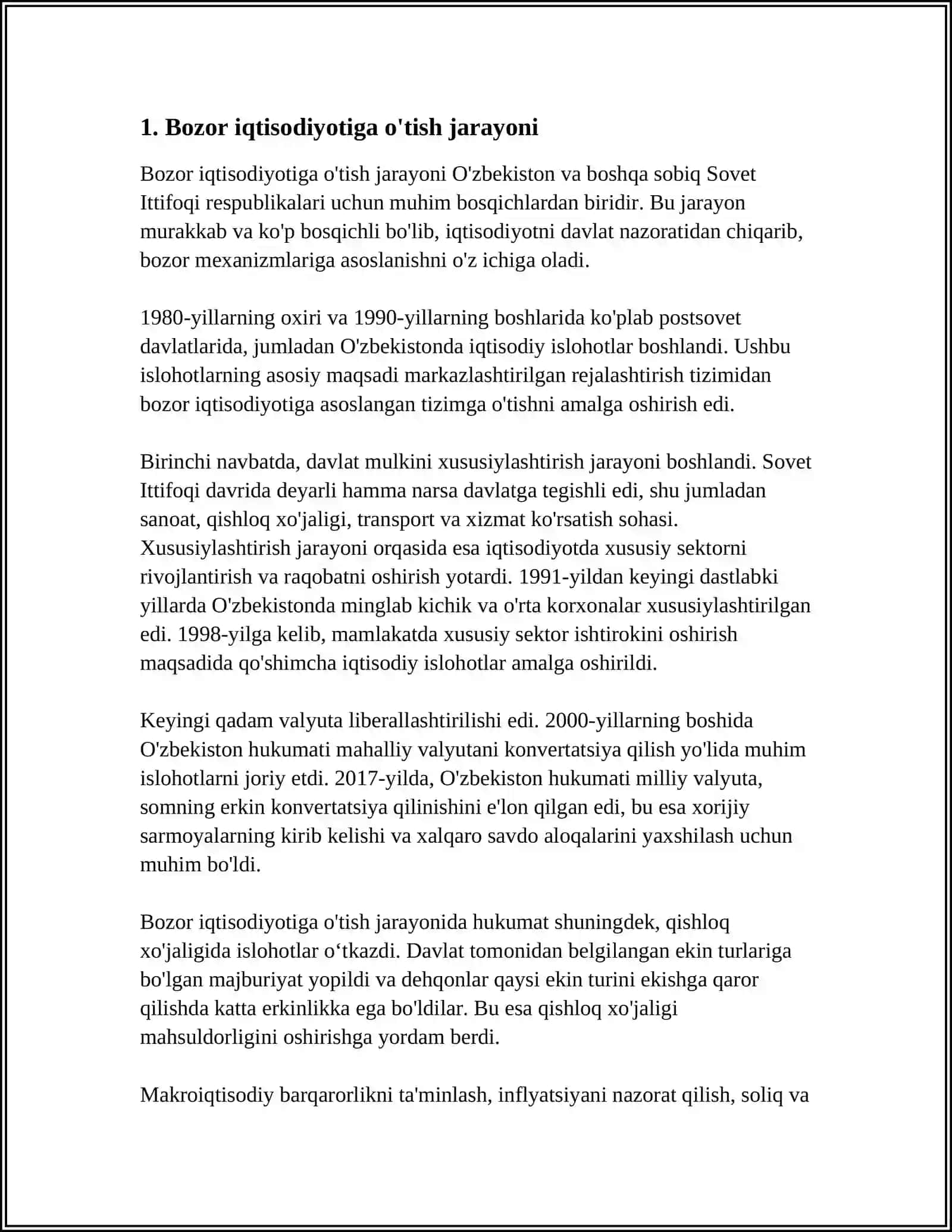 BOZOR IQTISODIYOTIGA O'TILISHI, KICHIK BIZNES VA XUSUSIY TADBIRKORLIKNING RIVOJLANISHI 4