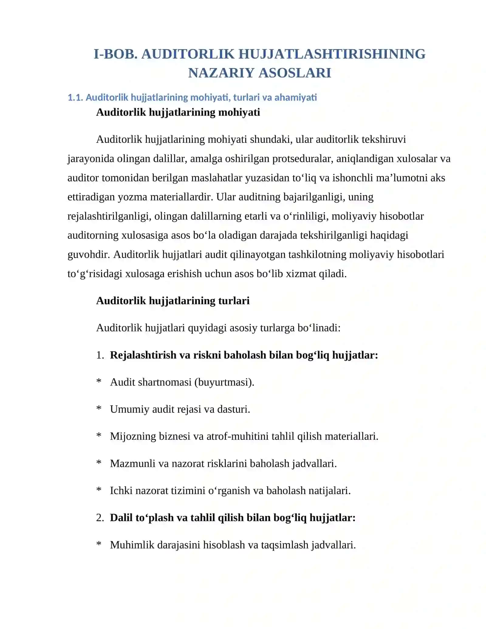 Auditorlik tekshiruvining hujjatlashtirilishi va uning buxgalteriya hujjatlari bilan bog’liqligi 4