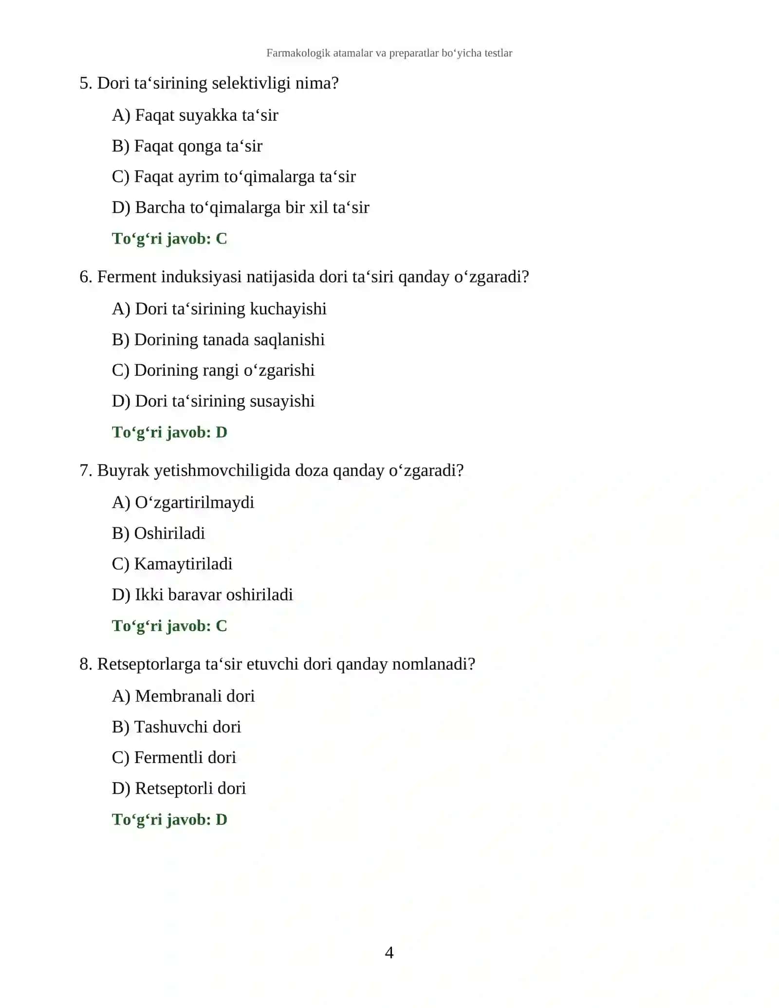 Farmakologik atamalar va preparatlar bo‘yicha testlar 4