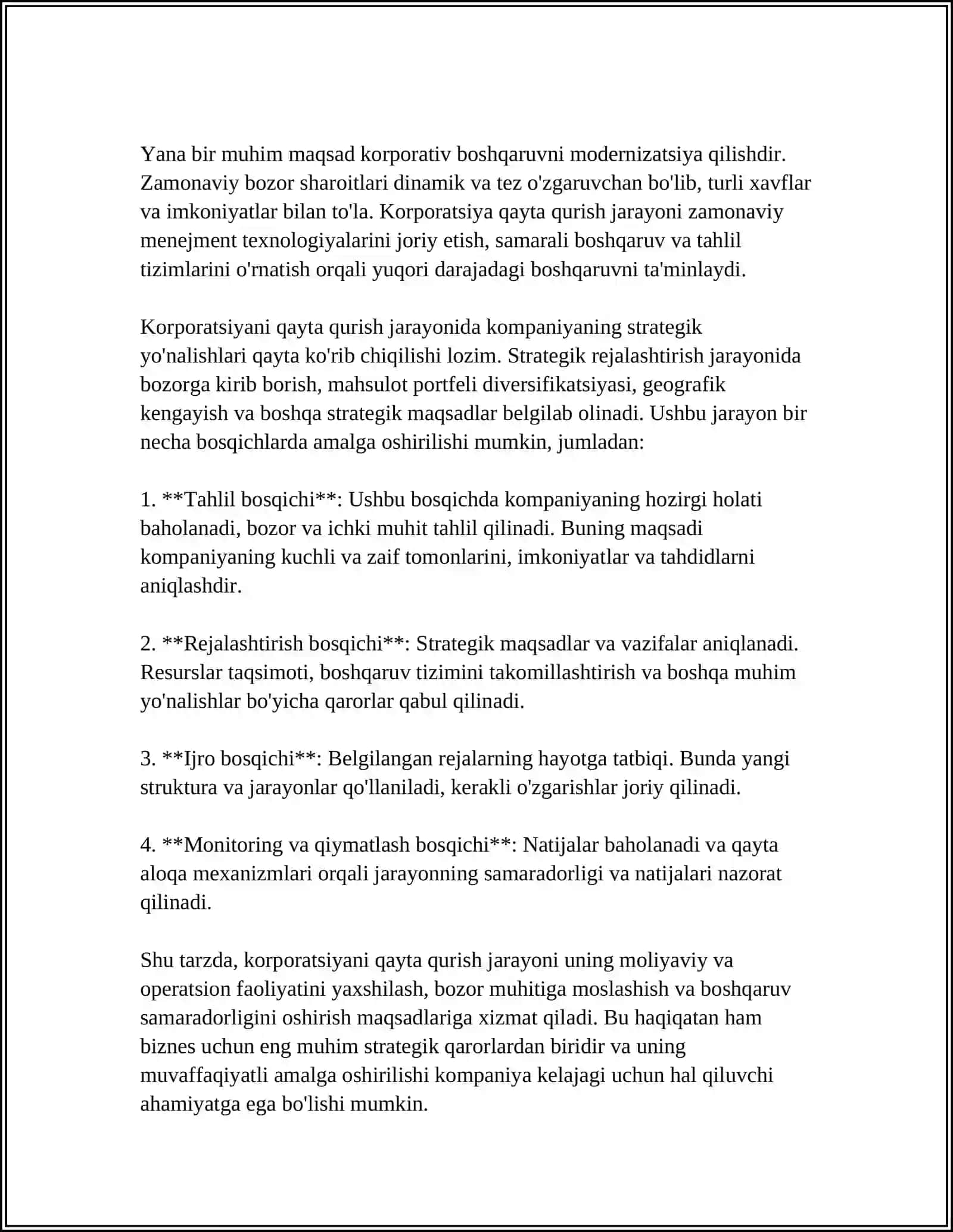 KORPORATSIYA QAYTA QURISH SHAKLLARI VA BOSQICHLARI REFERAT 4