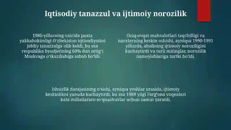 Mustaqillikka erishish arafasida Oʻzbekistondagi ijtimoiy- siyosiy jarayonlar 4