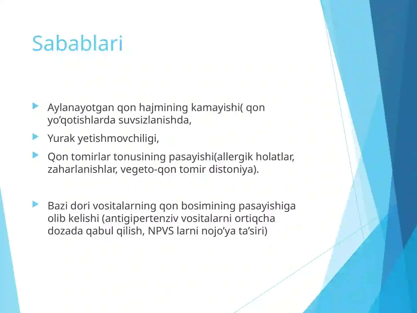 Arterial gipotoniya. Xushni yo'qotish, kollaps, shok turlari 4