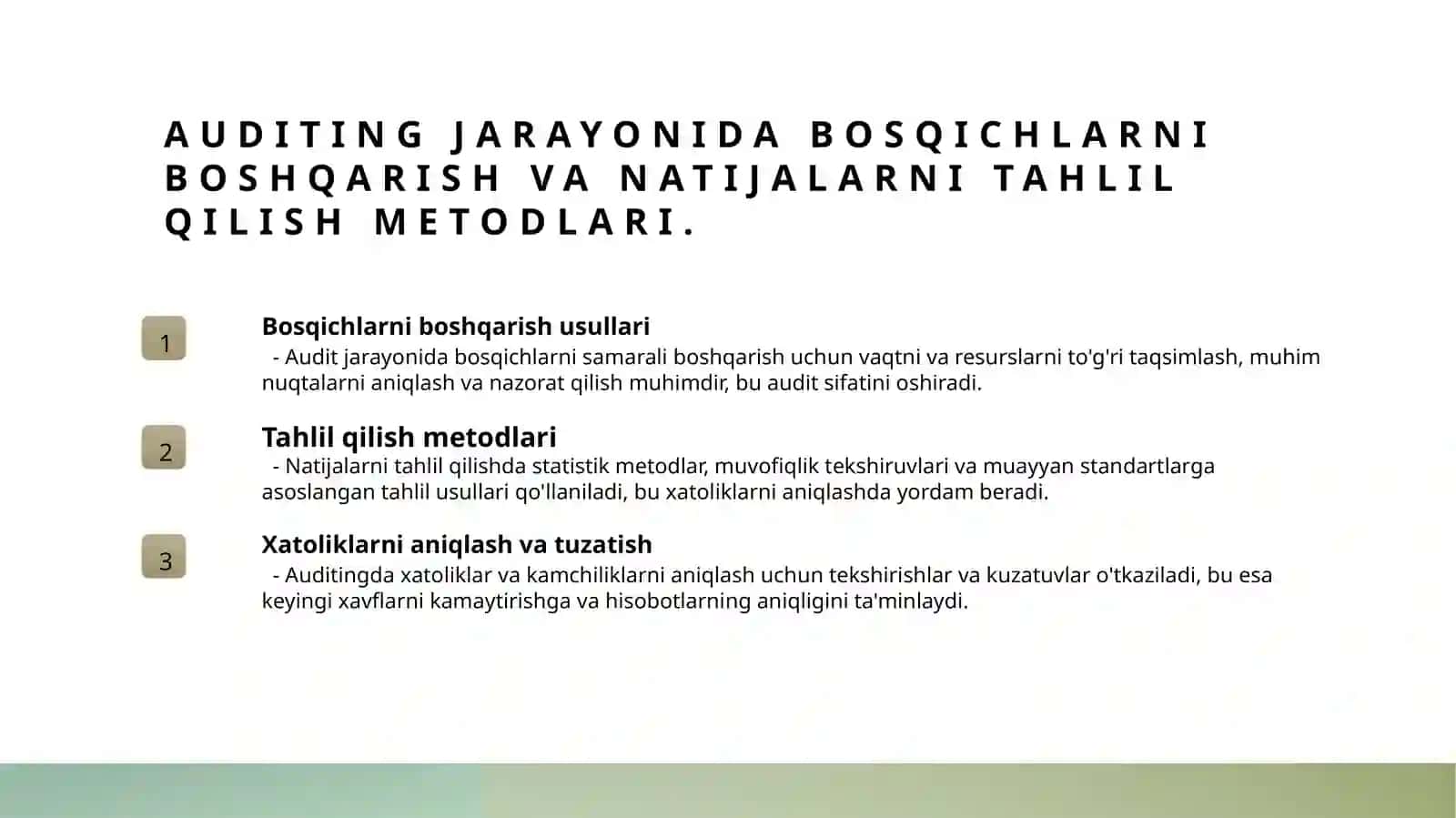 Auditorlik tekshiruvlarini rejalashtirish bosqichlari 4