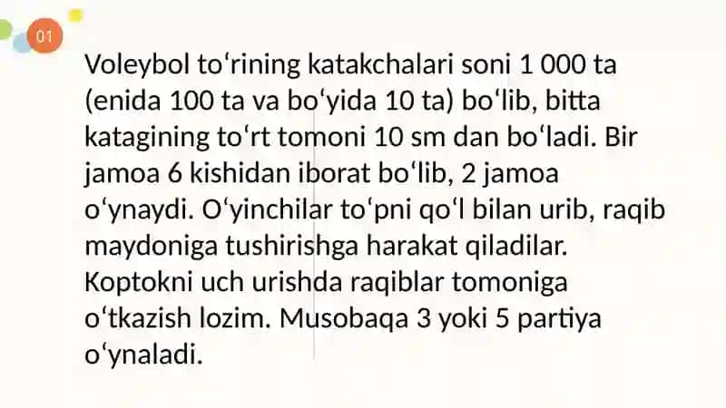 Voleybol oʻynida toʻpni oʻyinga kiritish texnikasini oʻrgatish. 4