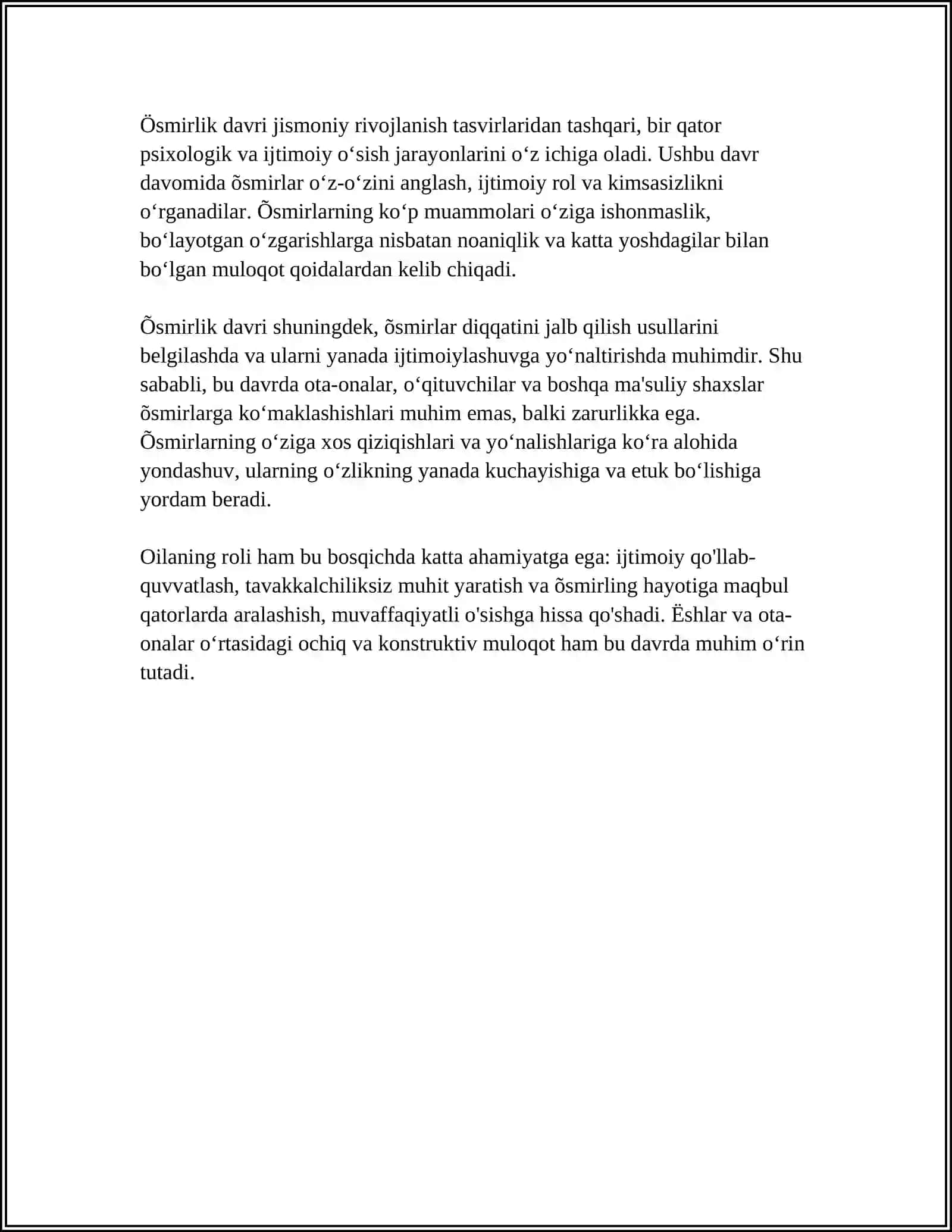 MUSTAQIL ISH Mavzu: ÕSMIRLIK DAVRIDAGI PSIXIK RIVOJLANISHNING UMUMIY TASNIFI 4