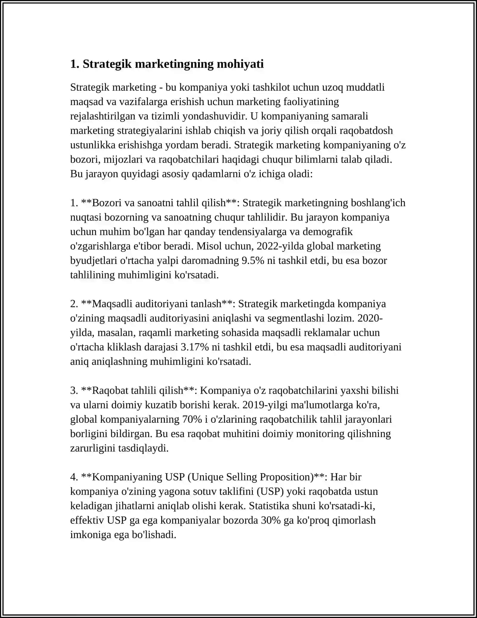 STRATEGIK MARKETING: SEGMENTATSIYA, POZITSIYALASH VA MAQSADLI BOZORNI TANLASH 4