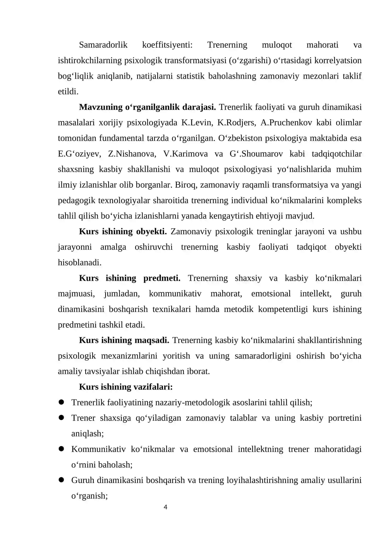Trenerning kasbiy konikmalari.  KURS ISHI 4