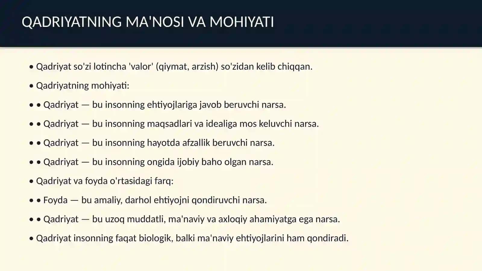 Qadriyat tushunchasining ma'nosi va uning umumiy tasnifi 4