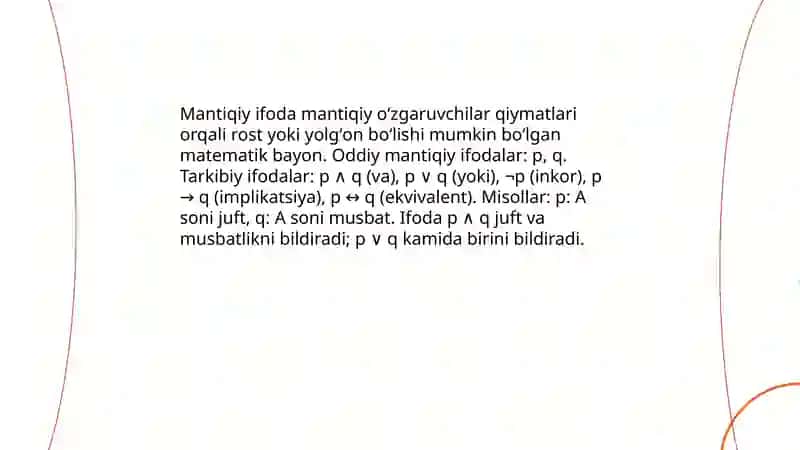 Mantiqiy oʻzgaruvchilari va mantiqiy ifodalar 4