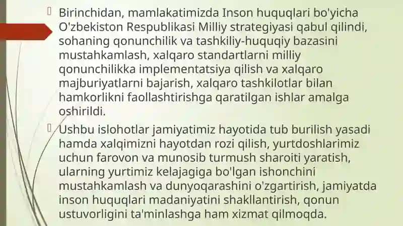 Mavzu Yangi O'zbekiston inson haq huquqlari haqida. 4