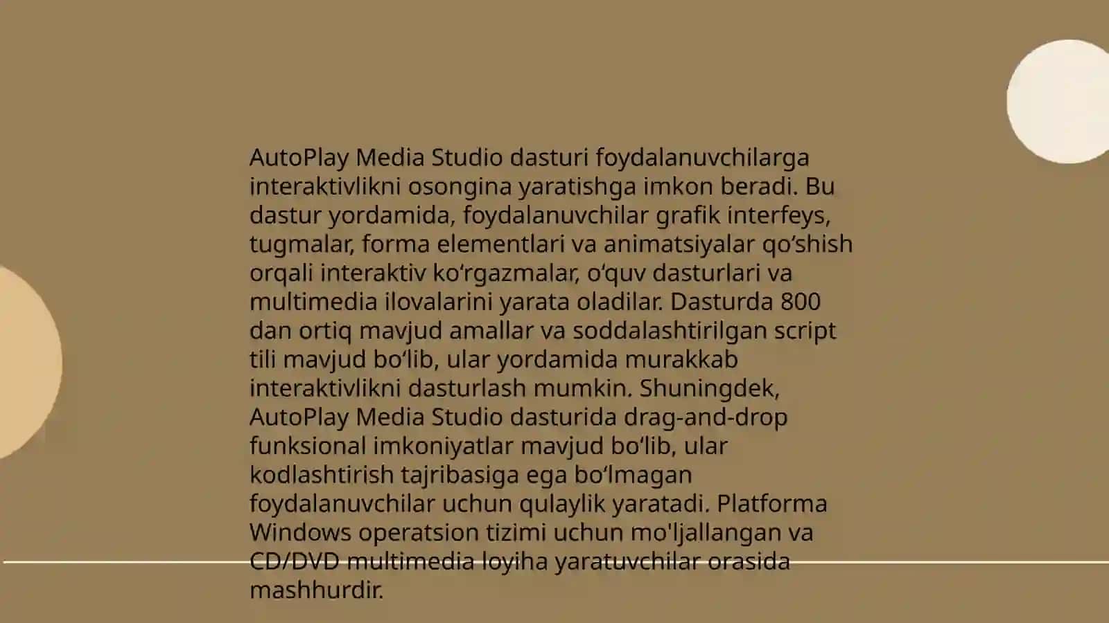 Pedagogik dasturiy vositalar (AutoPlayMedia Studio, CourseLab, va boshqalar) yordamida multimediali o‘quv kurslarini yaratish 4