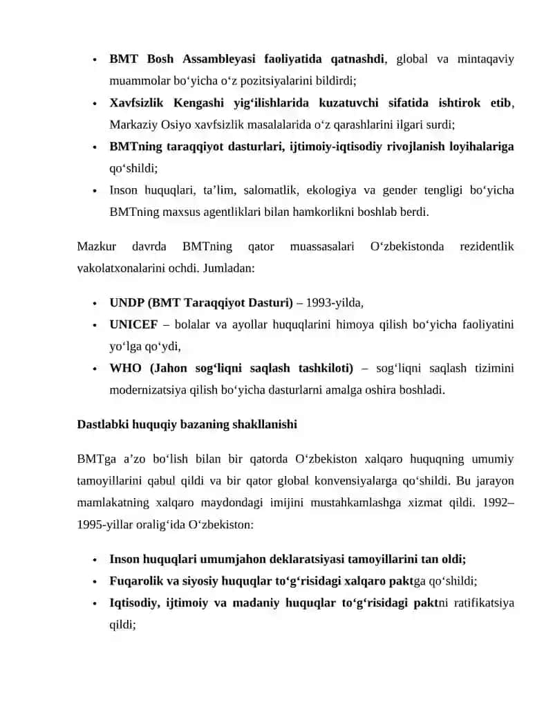 Oʻzbekistonning BMT va boshqa xalqaro tashkilotlar bilan hamkorligi 4