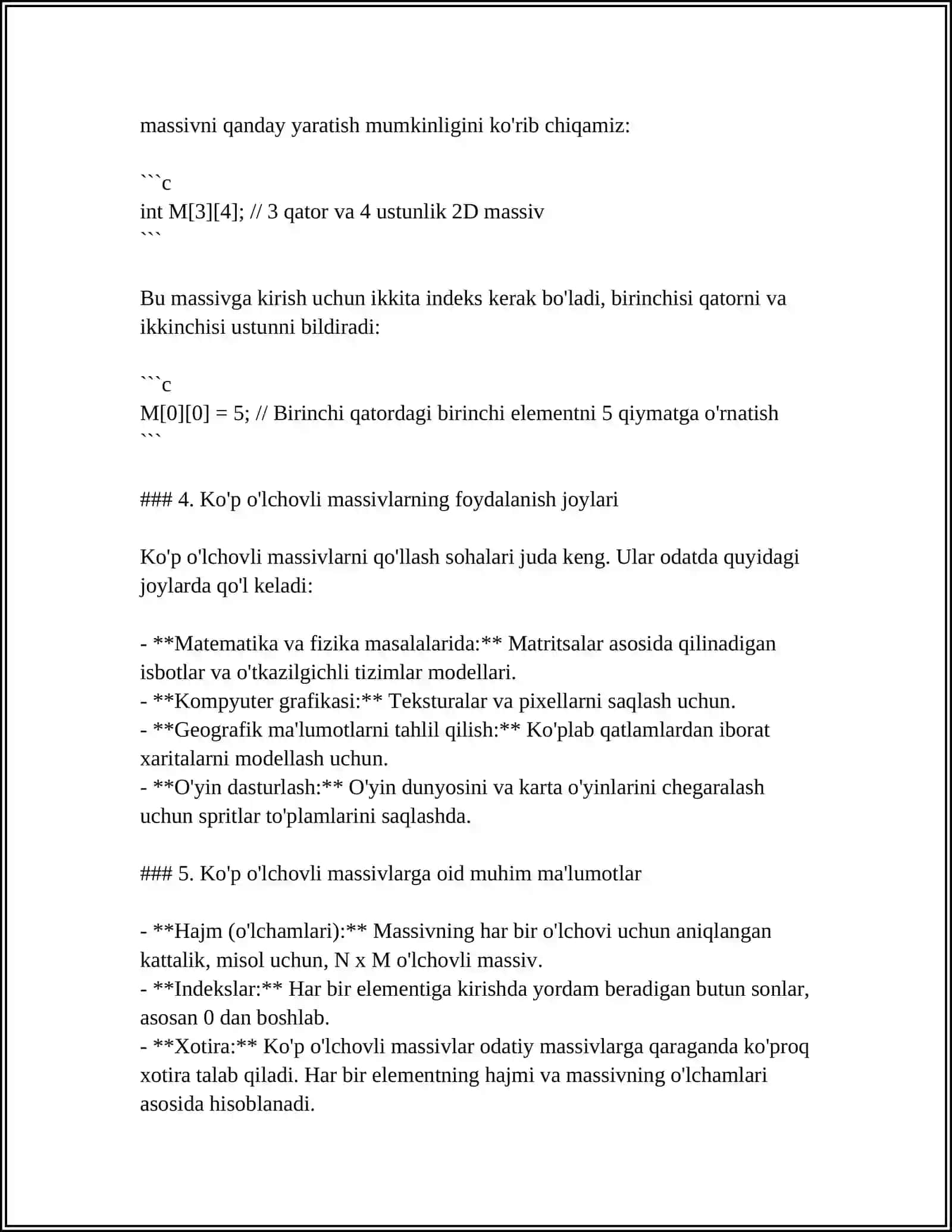 KO‘P O‘LCHOVLI MASSIVLARNI MA’LUM SHARTLAR ASOSIDA SARALASH (INT A[N][N]; BUTUN TURDAGI A MATRITSAGA 1, 2, …, 49 SONLARINI SPIRAL BO‘YICHA JOYLASHTIRILSIN) 4
