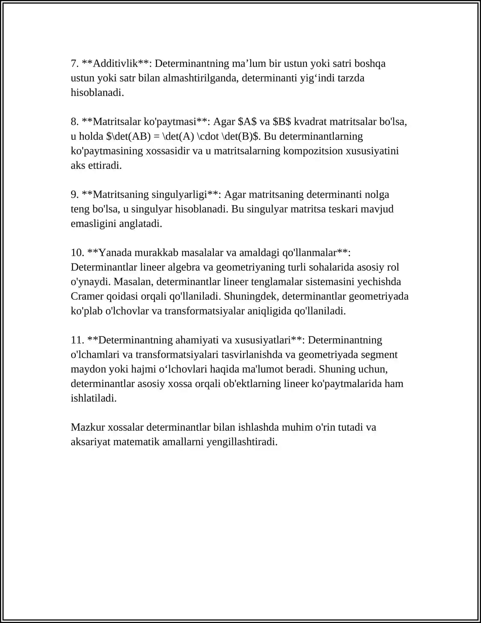 DETERMINANT VA MATRITSALARNING QO'SHIMCHA XOSSALARI.TESKARI MATRITSA 4