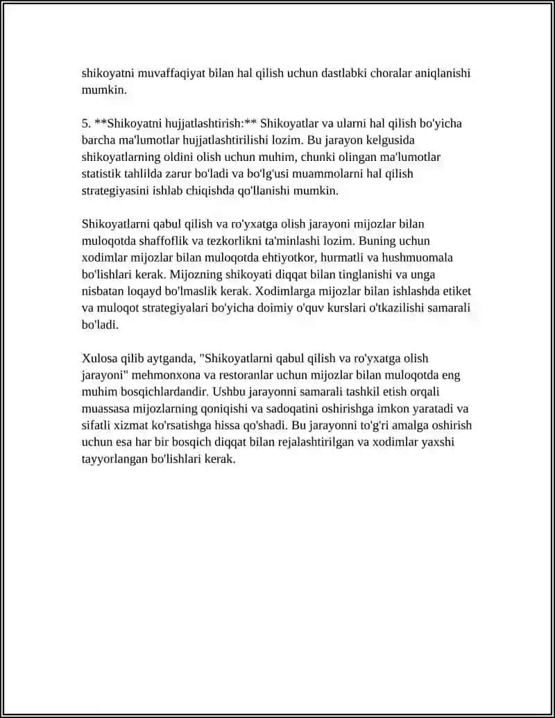 MEHMONXONA VA RESTORANLARDA MIJOZLARNING SHIKOYATLARINI BOSHQARISH 4
