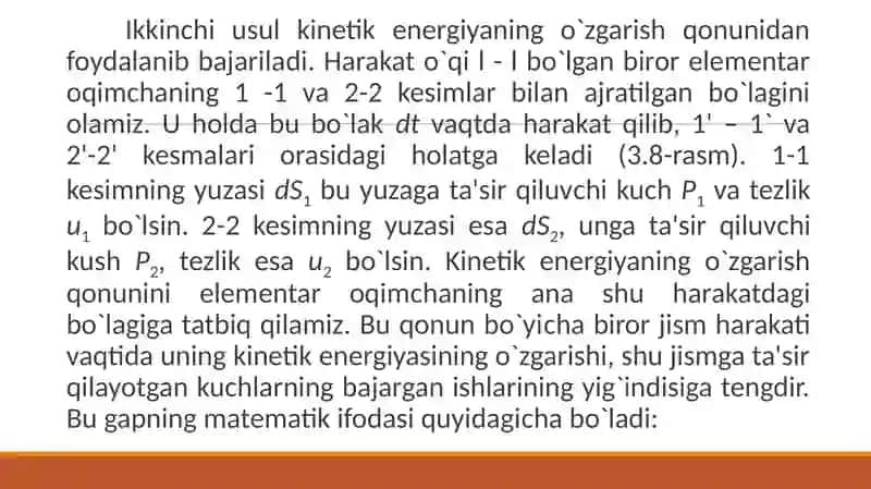 Elementar oqimcha uchun Bernulli tenglamasi 4