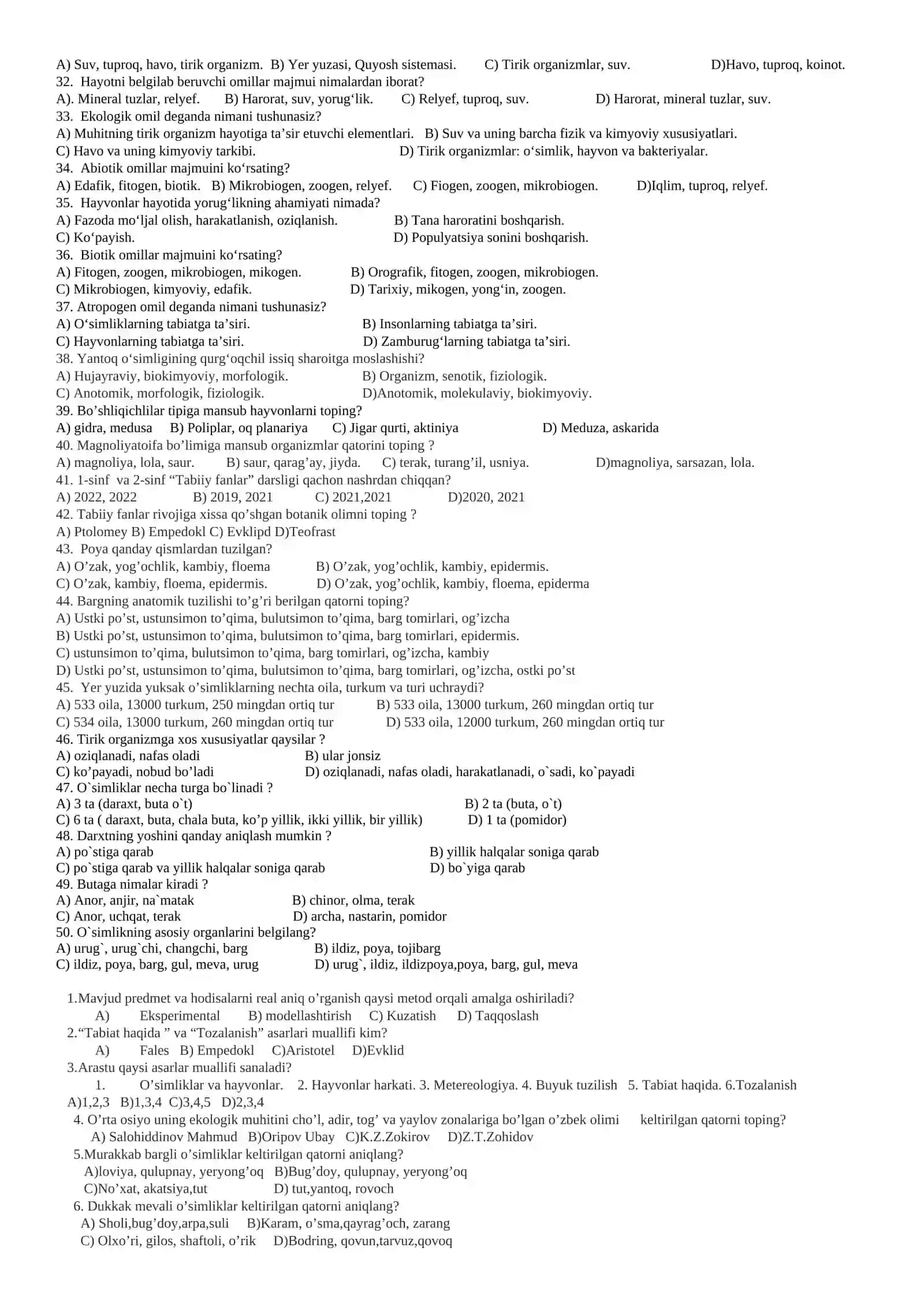 Ekologiya sinovlari va javoblari 4