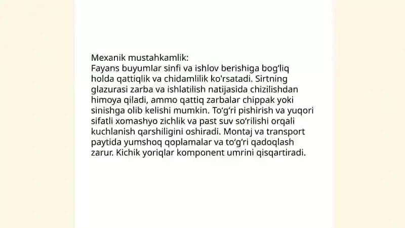 Fayans buyumlarning xossalari va ishlatilishi 4