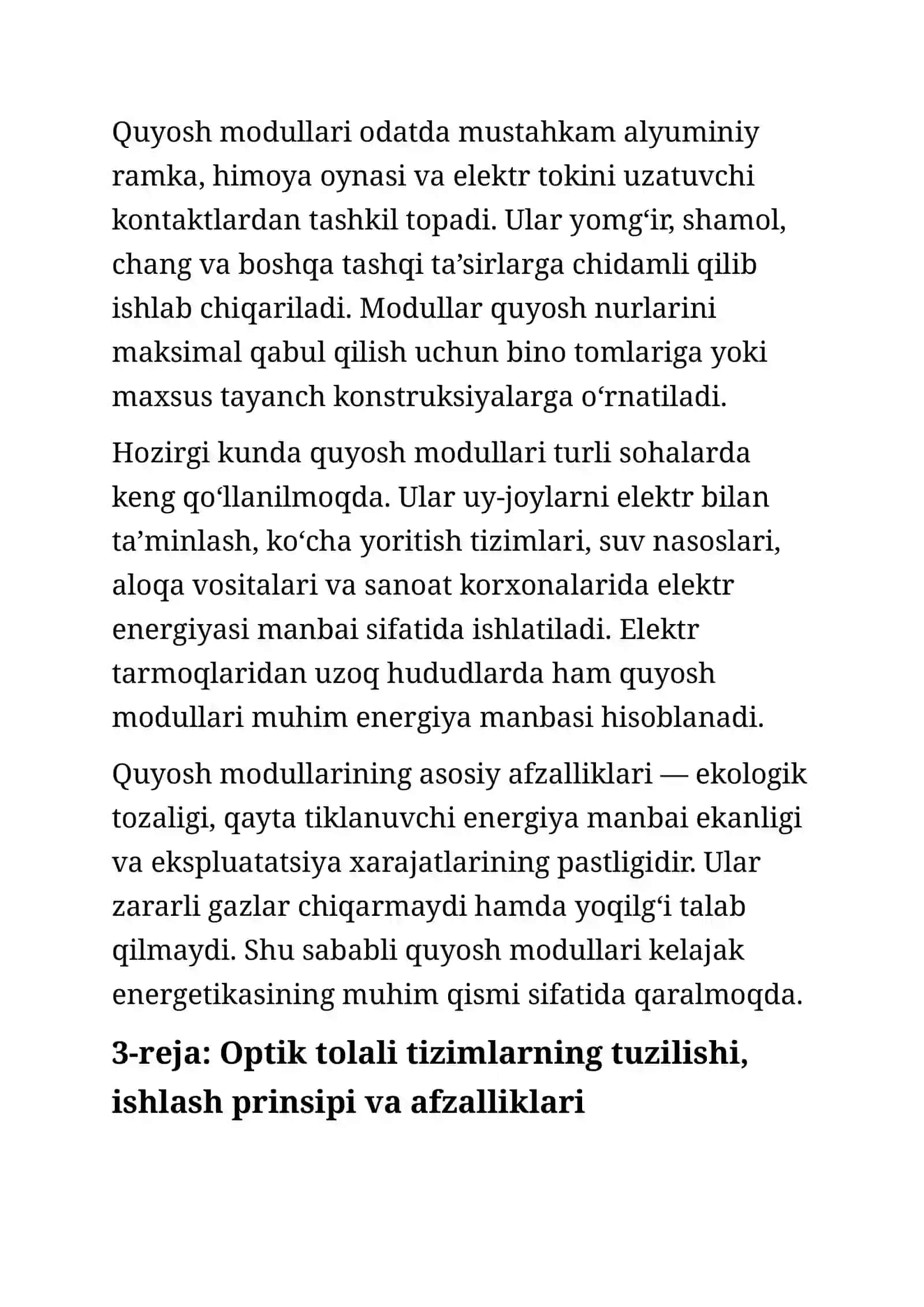 Quyosh fotoelektrik elementlari va modullari. Optik tolali tizimlar.fizikafizika 4