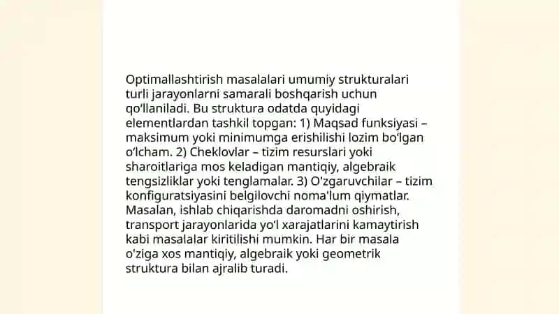 Optimallashtirish masalalarning matematik tavsifi va uni MS Excel dasturida yechish 4