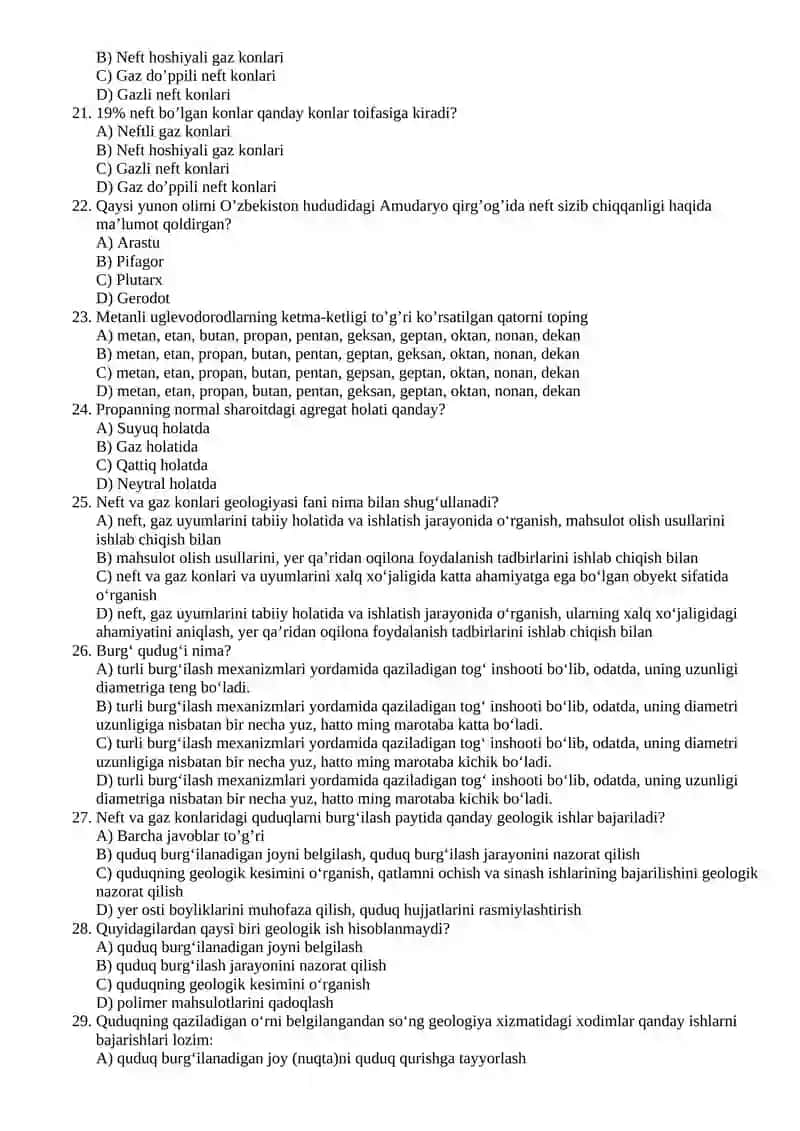 NEFT VA GAZ KONLARI GEOLOGIYASI 3-KURS SIRTQI TALIM TALABALARI UCHUN YAKUNIY NAZORAT TEST SAVOLLARI 4