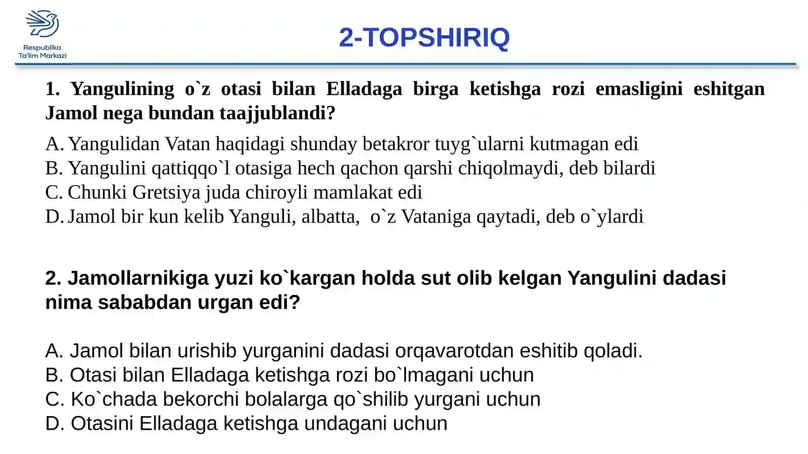 "Hellados" hikoyasi matni ustida ishlash 4