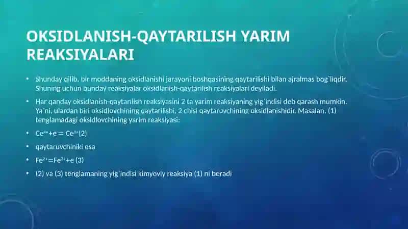 Oksidlanish-qaytarilish muvozanati Oksidlanish-Qaytarilish reaksiyalari 4
