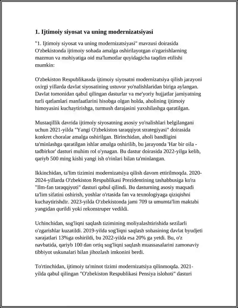 O'ZBEKISTONDA IJTIMOIY SOHADA AMALGA OSHIRILAYOTGAN O'ZGARISHLAR MAZMUN VA MOHIYATI 4