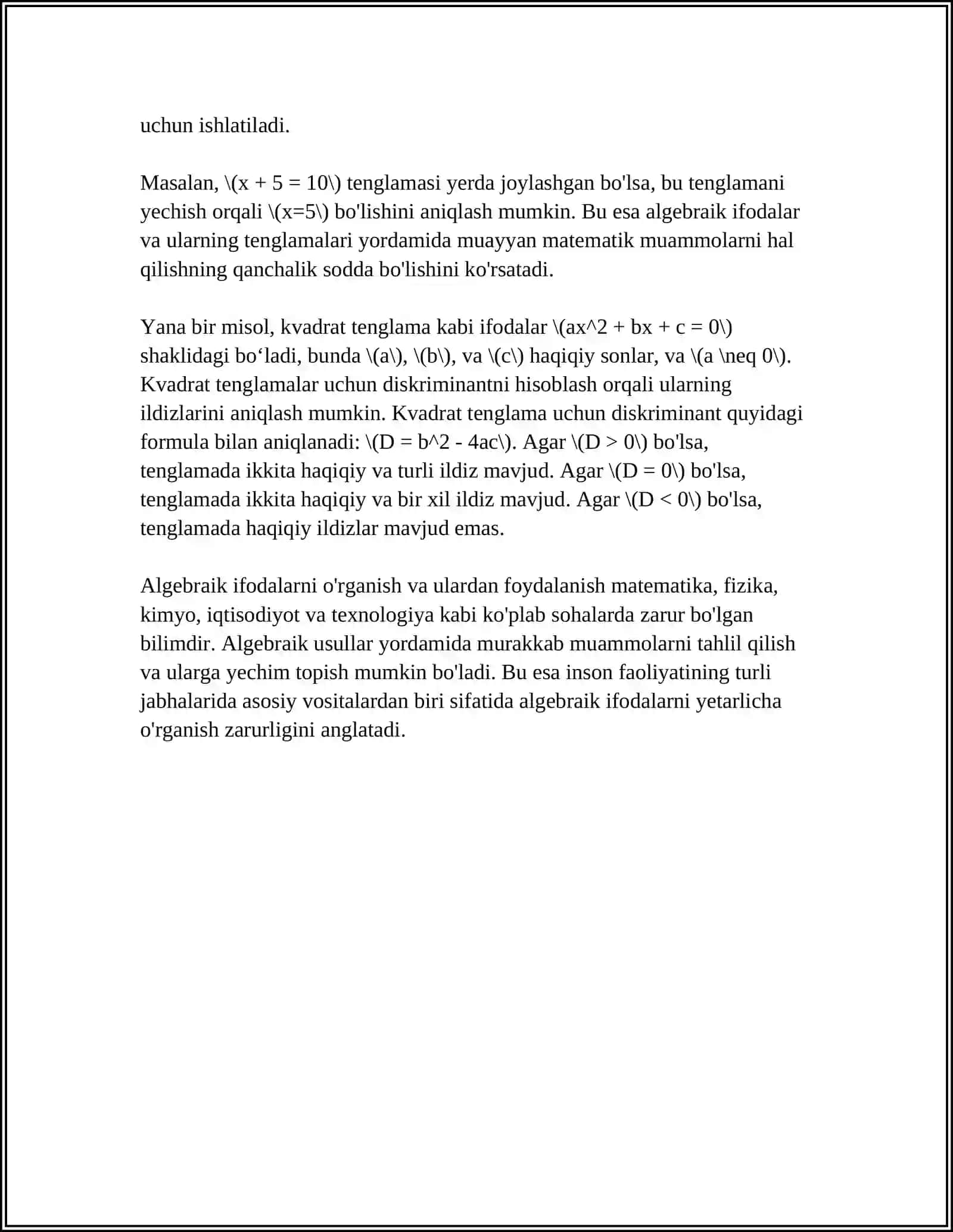 WORDDA MATEMATIK FORMULALAR BILAN ISHLASH 4