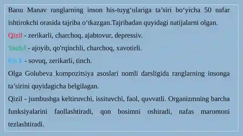 Ranglarni idrak qilishni o'rganish metodlari. 4