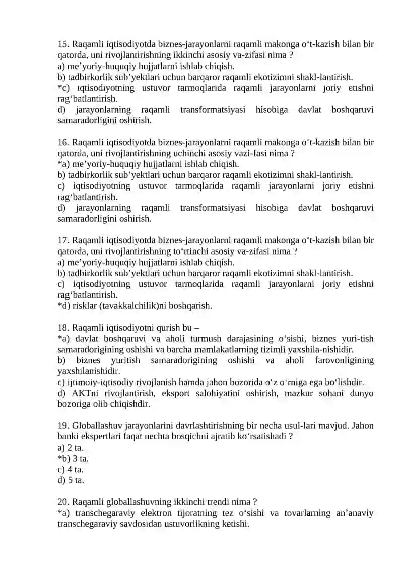 Raqamli Iqtisodiyot fanidan testlar 4