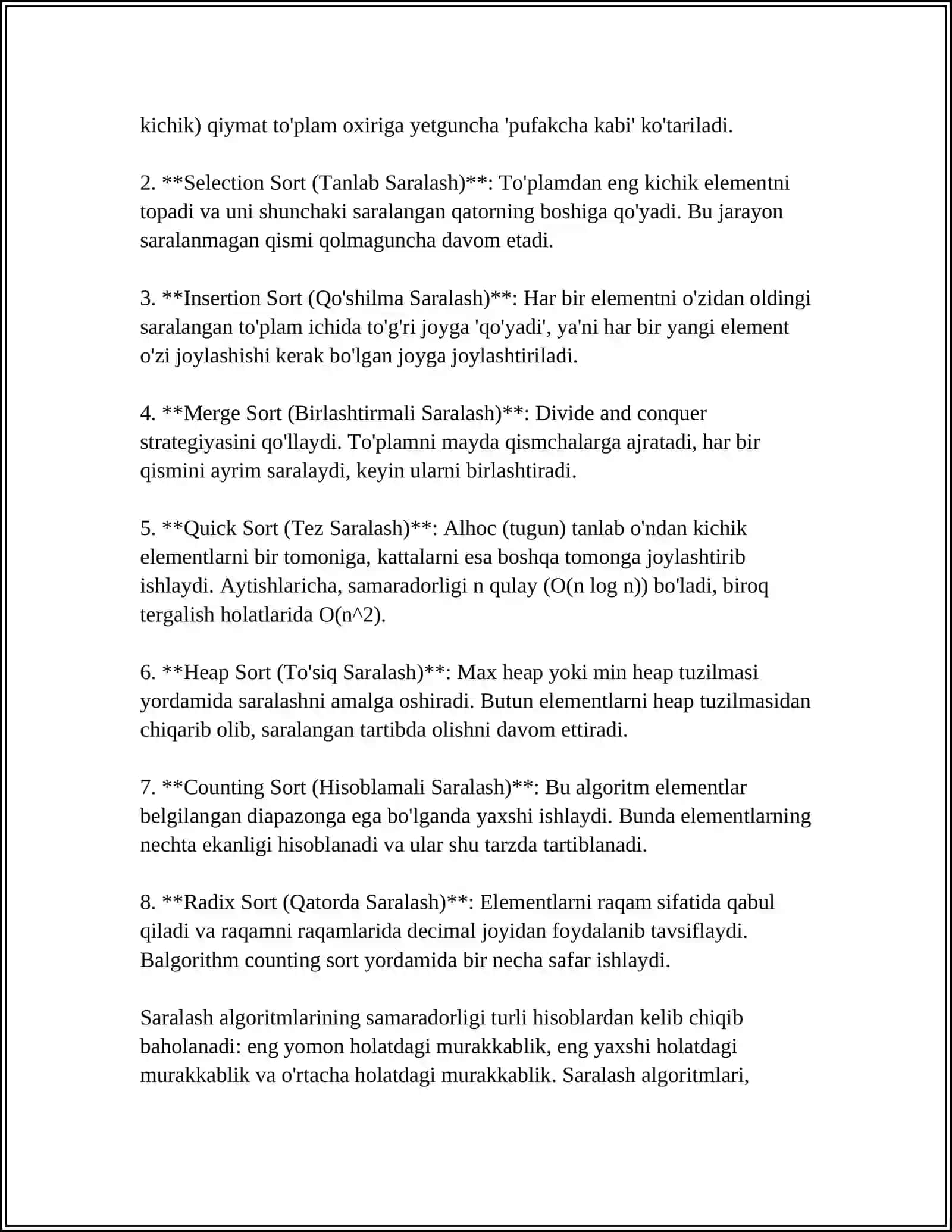 SARALASH ALGORITMLARI VA SAMARADORLIKLARI 4