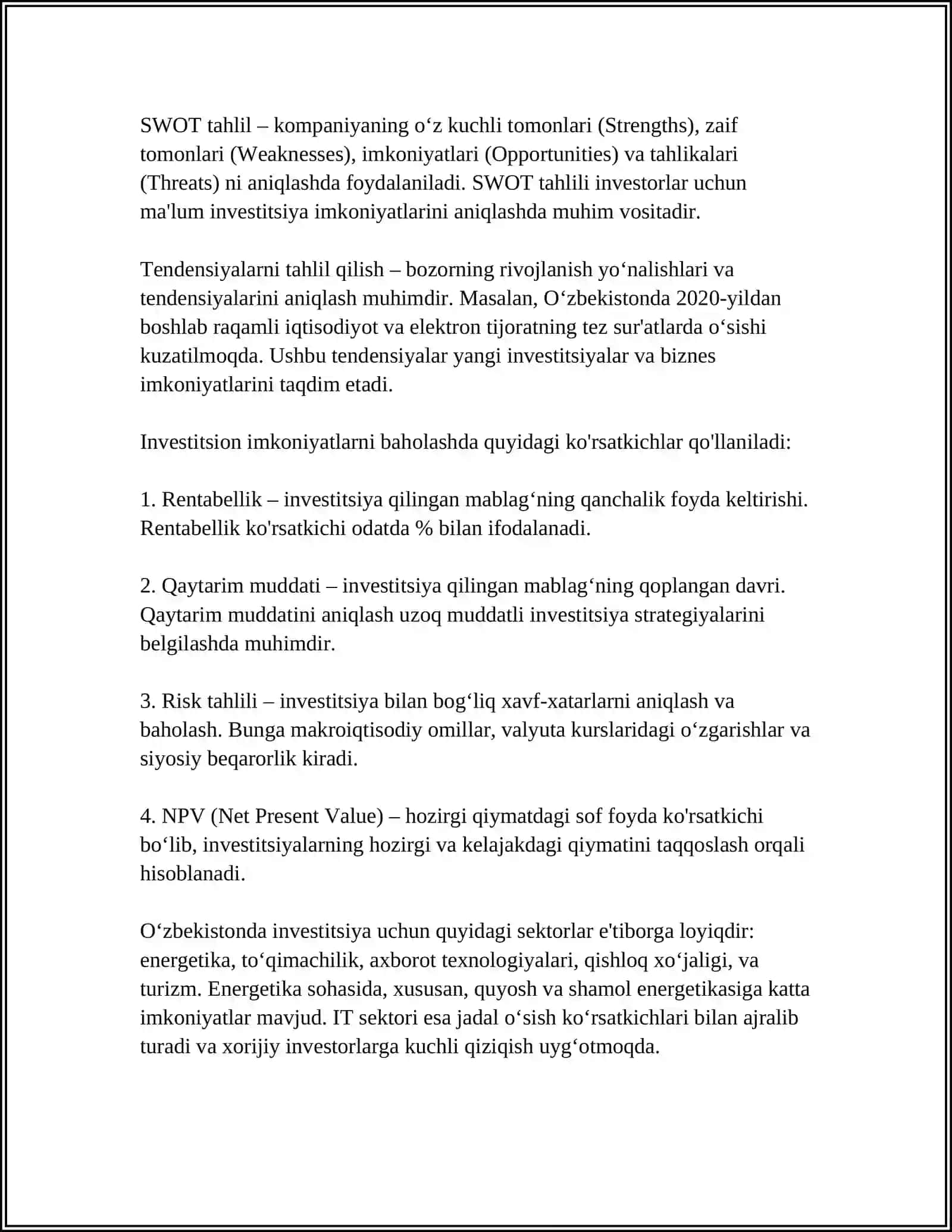 MARKETING TAHLILI INVESTITSION TAHLIL 4