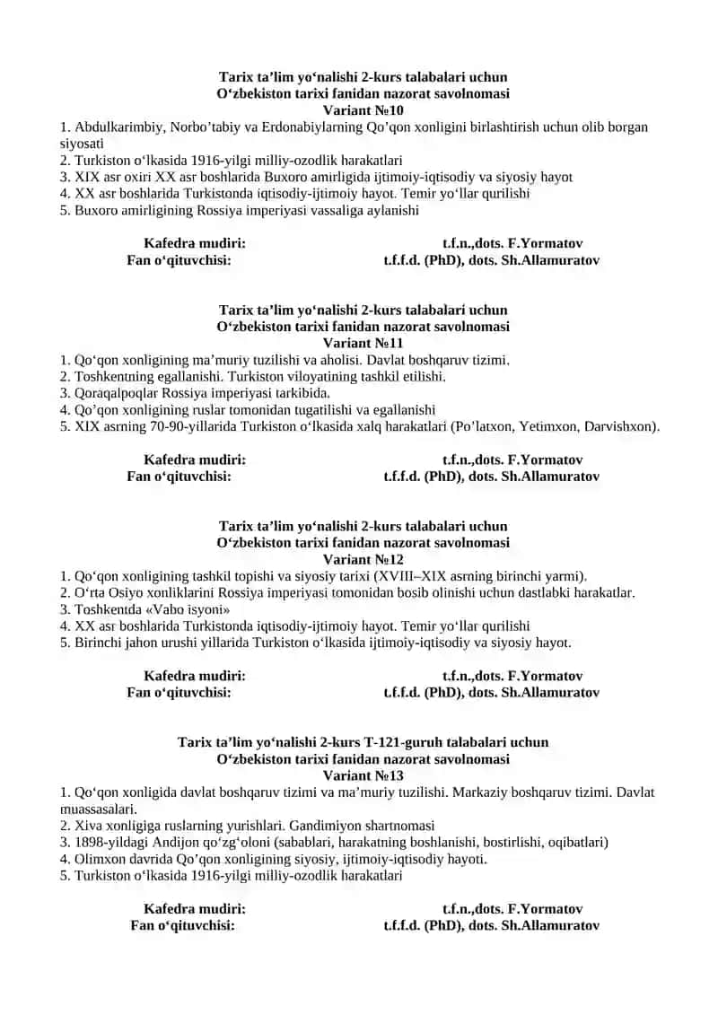 O‘zbekiston tarixi fanidan nazorat savolnomasi 4