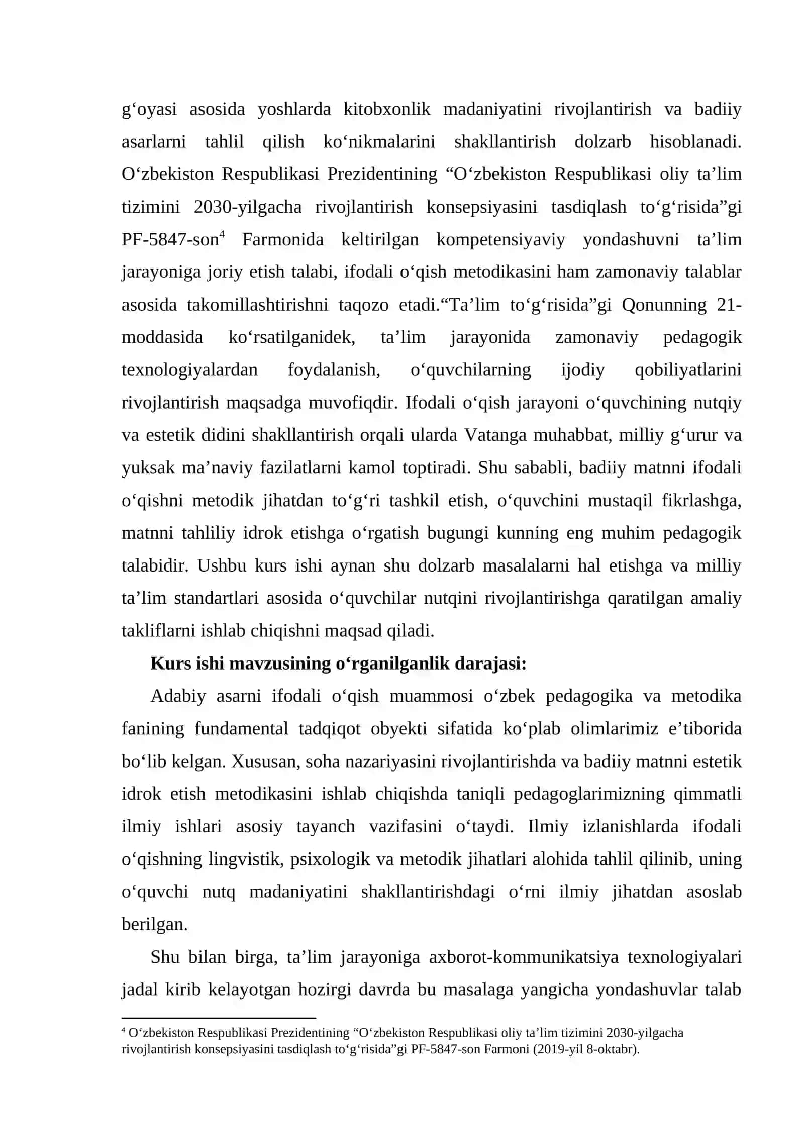 Adabiy asarni ifodali o‘qish va uning ahamiyati kurs ishi 4