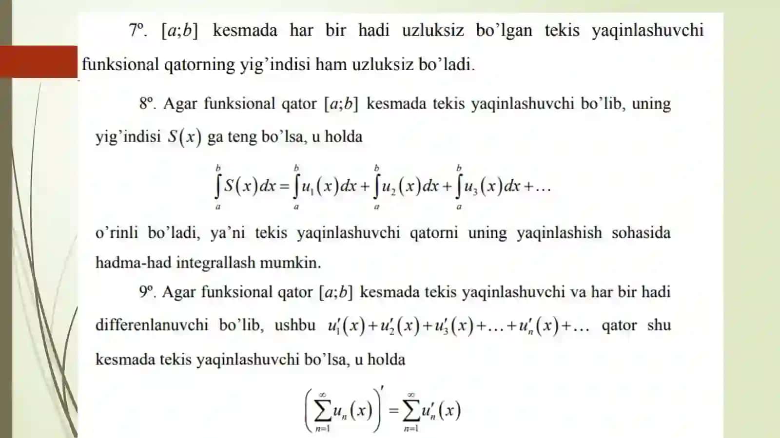 FUNKSIONAL QATORLAR.ASOSIY TUSHUNCHALAR.DARAJALI QATORLAR.ABEL TEOREMASI.YAQINLASHISH INTERVALI.DARAJALI QATORLARNING XOSSALARI.FUNKSIYALARNI DARAJALI QATORLARGA YOYISH.TEYLOR VA MAKLOREN TEOREMASI 4