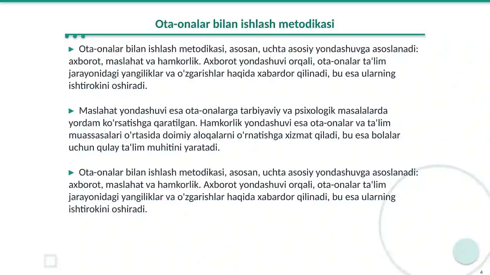 Ota onalar bilan ishlash metodikasi, ish turlari 4