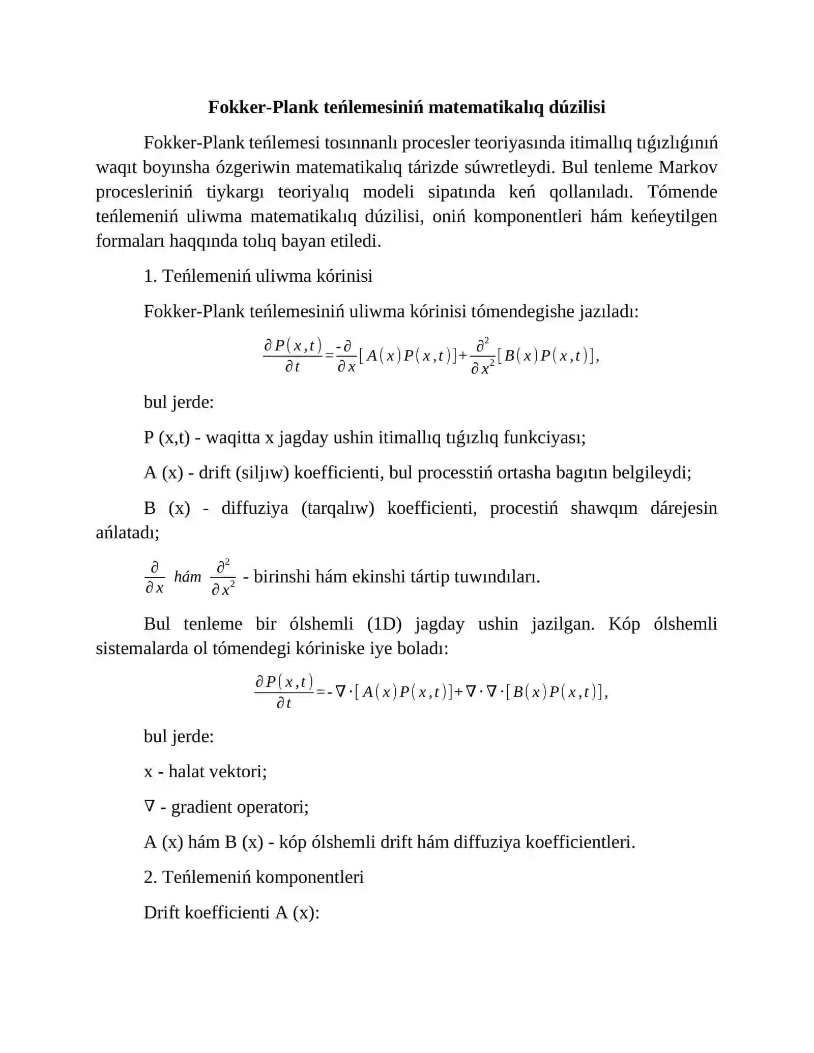 Fokker-Plank teńlemesi 4