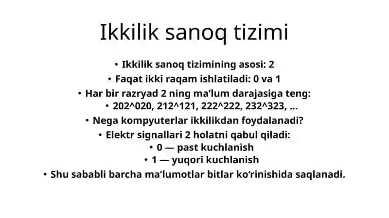 Sanoq tizimlari. Ikkilik → o‘nlik va o‘nlik → ikkilikka o‘tkazish 4