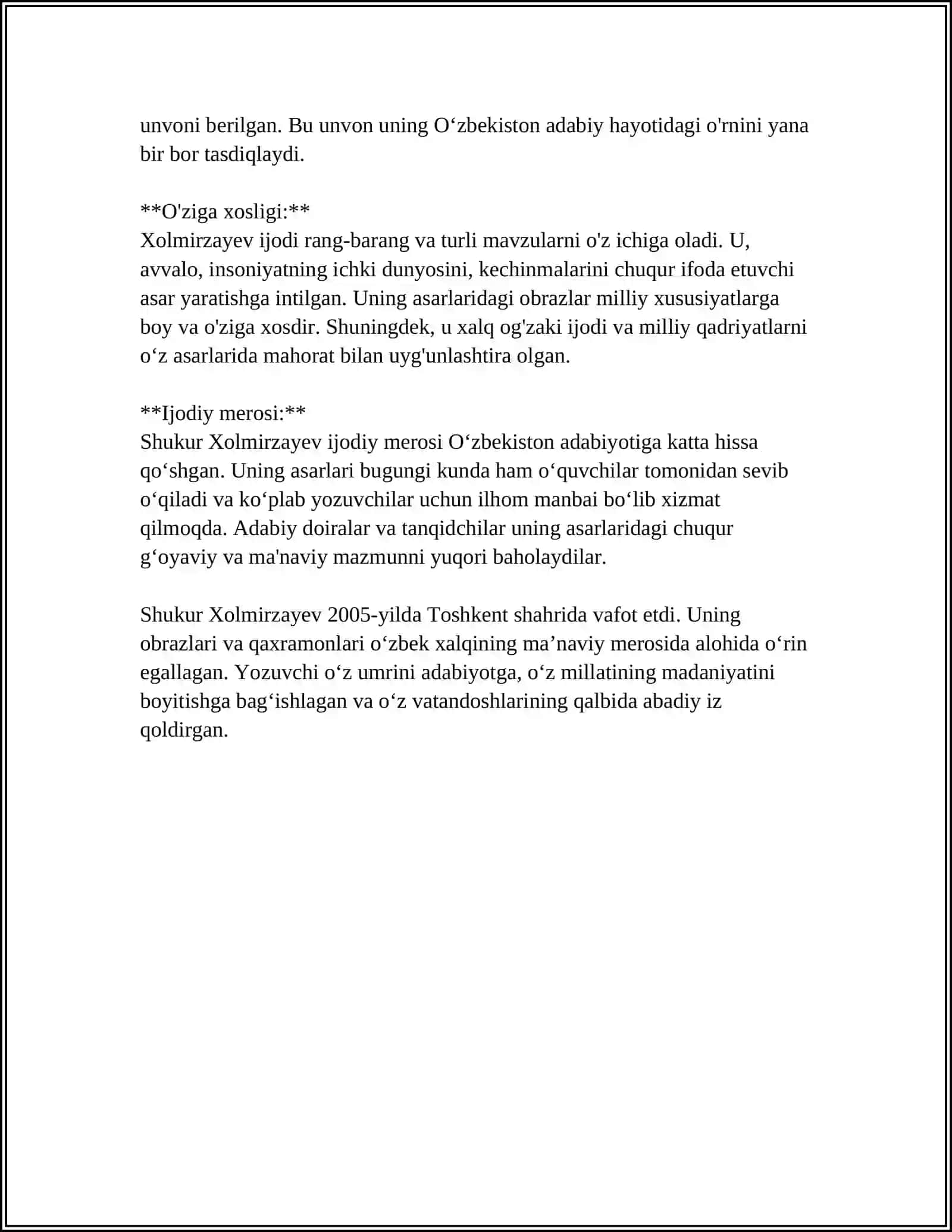 SHUKUR XOLMIRZAYEV HIKOYALARI HAQIDA 4