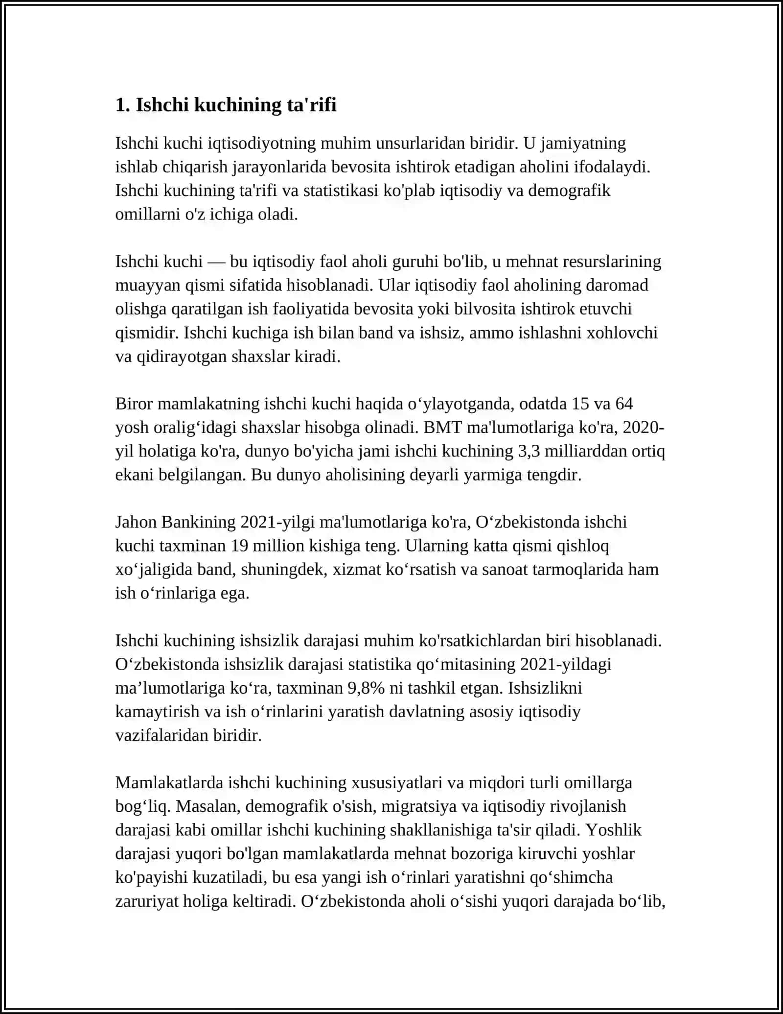 ISHCHI KUCHI, UNING BANDLIGI VA ISHSIZLIK 4