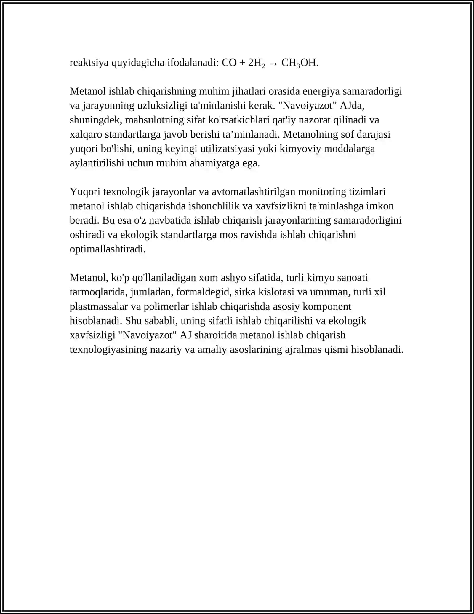 NAVOIYAZOT AJ sharoitida metanol ishlab chiqarish texnologiyasi 4