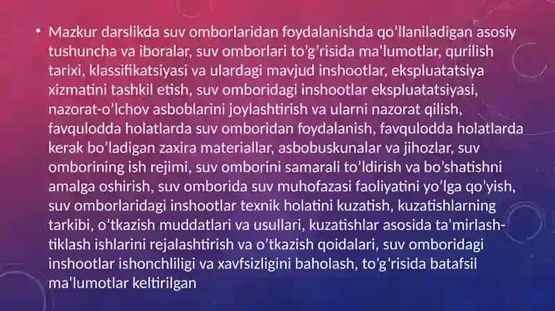 Respublikadagi suv omborlari to'g'risida ma'lumotlar. 4