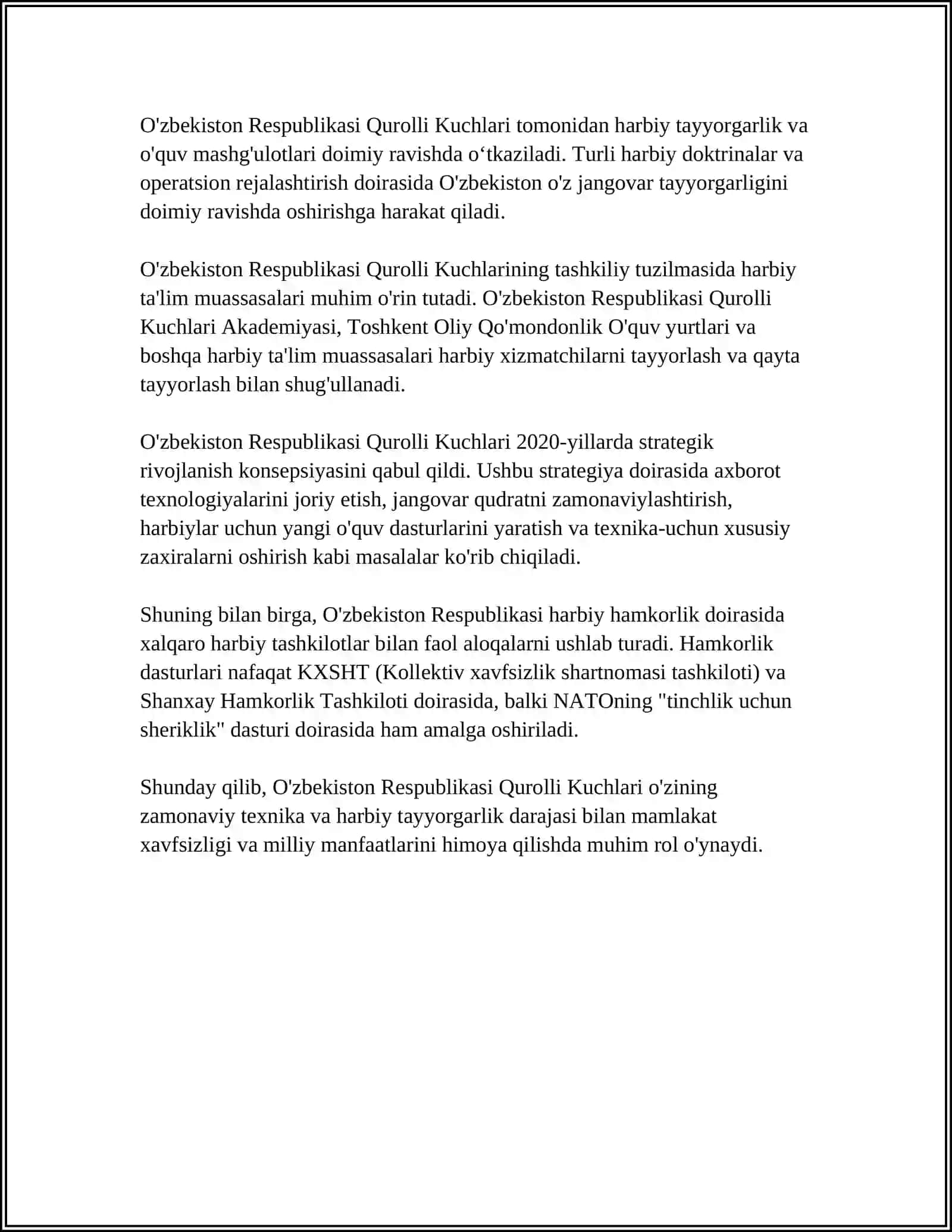 O'ZBEKISTON RESPUBLIKASI MUDOFAA QOBILYATI 4