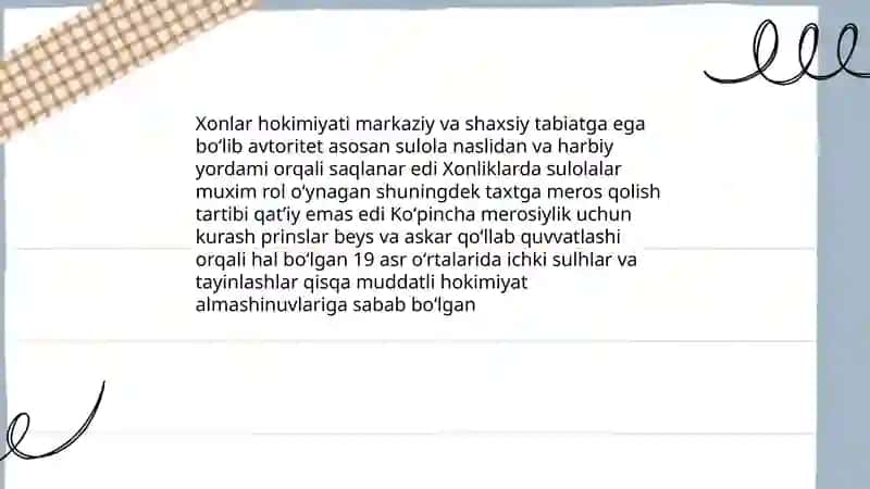 XlX-asrda oʻrtalarida oʻzbek xonliklaridagi siyosiy va ishtimoiy iqtisodiy hayot 4