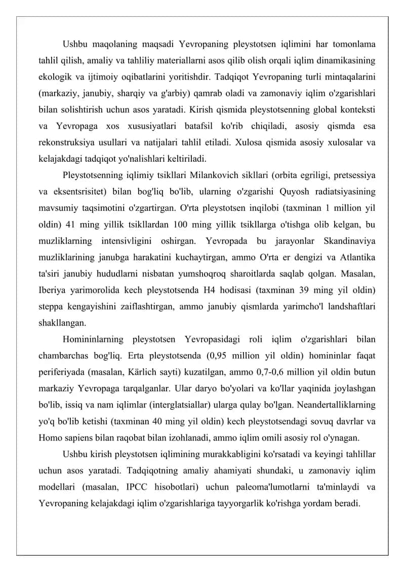 Yevropaning pleystotsen davri iqlimi maqola. 4
